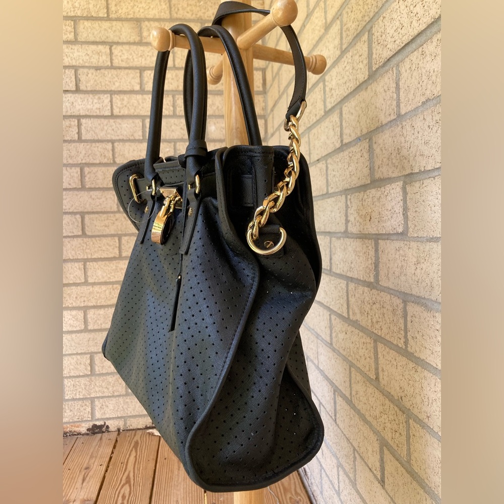 Michael Kors LARGE Black Leather Perforated Hamilton Tote Bag Gold Hardware - Picture 7 of 17